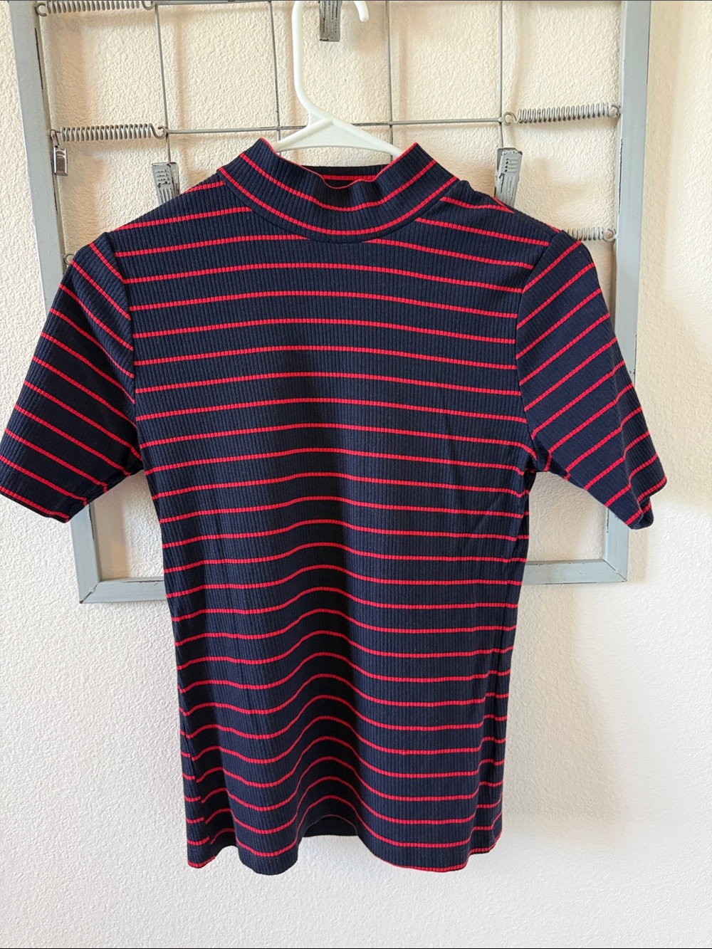 Free Assembly Ribbed Mock Neck Short Sleeve Top — Navy with Red Stripes